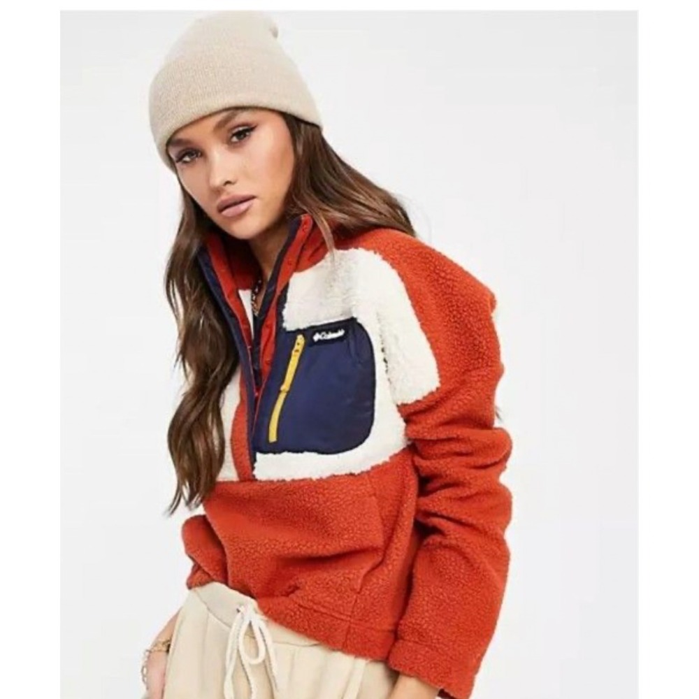 Columbia Lodge Pile Fleece Snap Pullover Orange Colorblock Womens Large